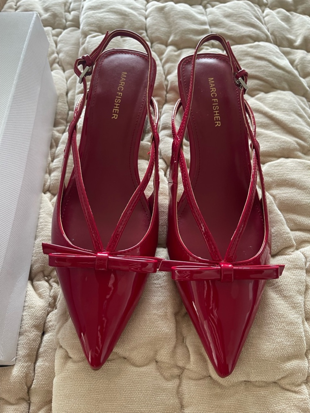 Marc Fisher Glossy Red Pointed-Toe Slingback Heels with Bow